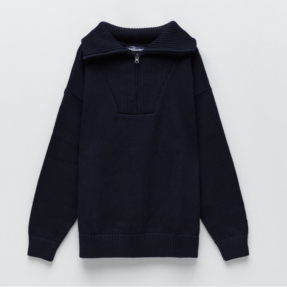 Half-Zip Navy Ribbed Knit Sweater